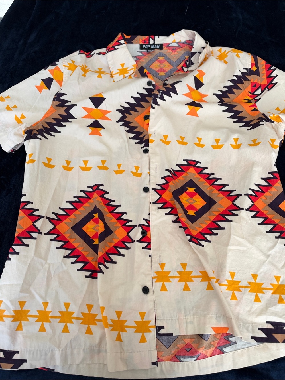 Pop Man Short-Sleeve Button-Down Shirt in White with Orange & Red Aztec Print